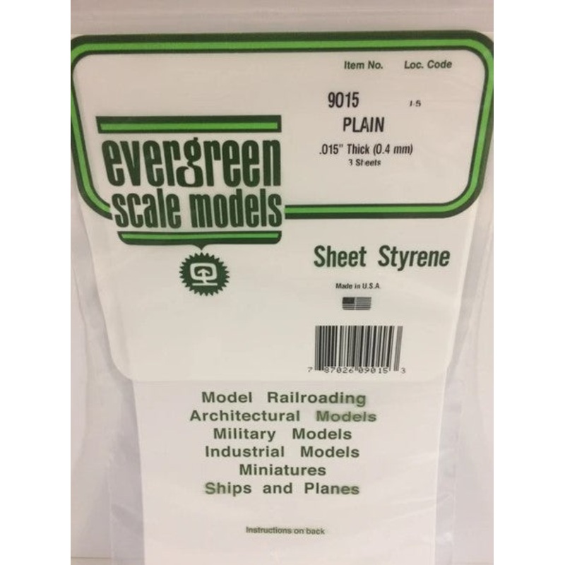 Evergreen 9015 .015 / 0.4mm thick Sheet (3pcs)