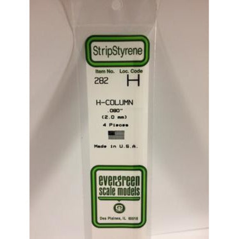 Evergreen #282 Styrene Shapes: H-Column 4 pack 0.080 (2.0mm) x W: 0.073 (1.9mm) x FT: 0.009 (0.22mm) x WT: 0.018 (0.45mm)