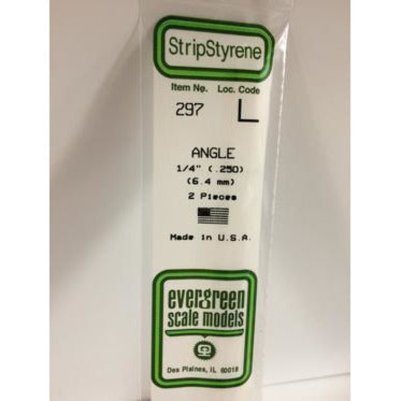 Evergreen #297 Styrene Shapes: Angle 2 pack 1/4, 0.250 (6.3mm) x 0.250 (6.3mm) x 0.029 (0.73mm) Thick