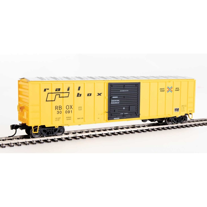 50′ ACF Exterior Post Boxcar – Railbox #30091 (yellow, black door; small logo, slogan) (HO) #1864 by Walthers
