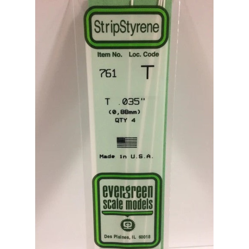 Evergreen 761 T Channel .035 (0.88mm) Strips (4pcs)