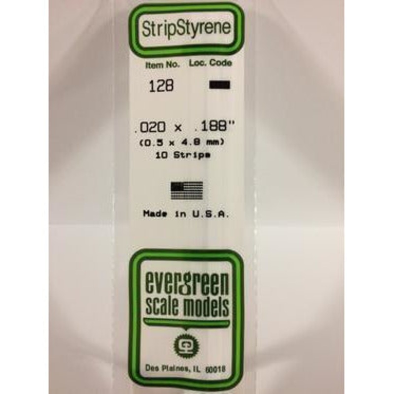 Evergreen #128 Styrene Strips: Dimensional 10 pack 0.020 (0.50mm) x 0.188 (4.8mm) x 14 (35cm)