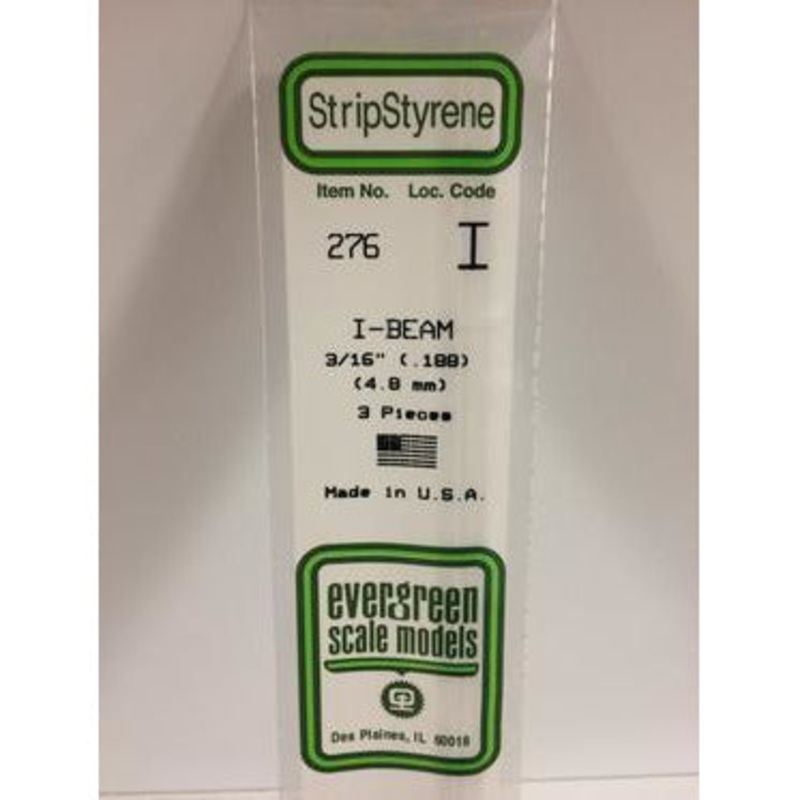 Evergreen #276 Styrene Shapes: I-Beam 3 pack 3/16 0.188 (4.8mm) x W: 0.093 (2.4mm) x FT: 0.014 (0.36mm) x WT: 0.023 (0.58mm)