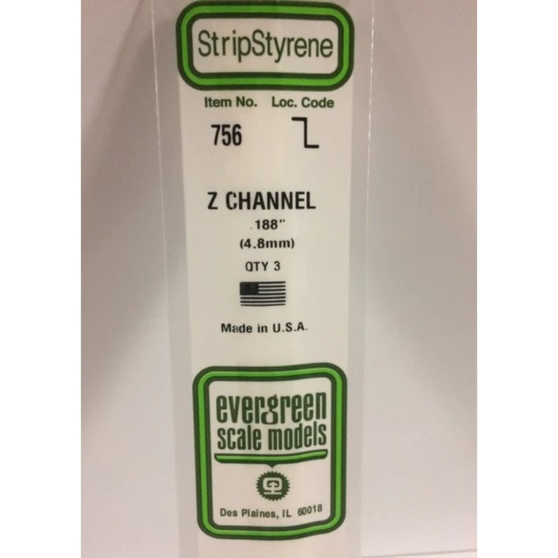 Evergreen 756 Z Channel .188 (4.8mm) Strips (3pcs)
