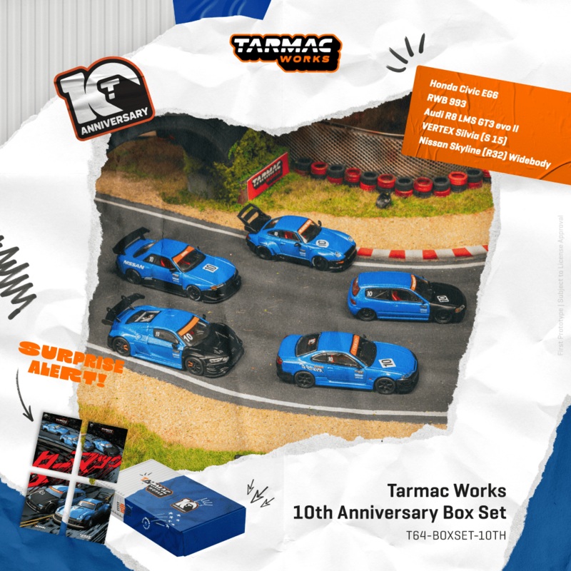 (PRE-ORDER) Tarmac Works 1:64 10th Anniversary Box Set, 5 Cars + Trading Cards Combo Set