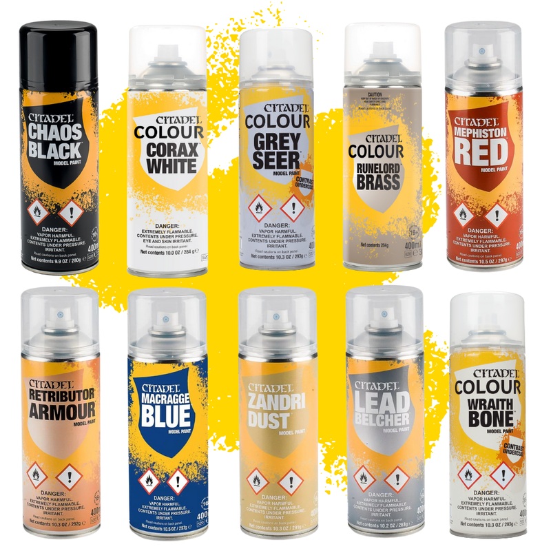 Citadel Spray Aerosol [400ml]|Chaos Black|Corax White|Grey Seer|Leadbelcher|Macragge Blue|Mephiston Red|Retributor Armour|Runelord Brass|Wraithbone|Zandri Dust|White Scar|Mechanicus Standard Grey|Death Guard Green|Munitorum Varnish
