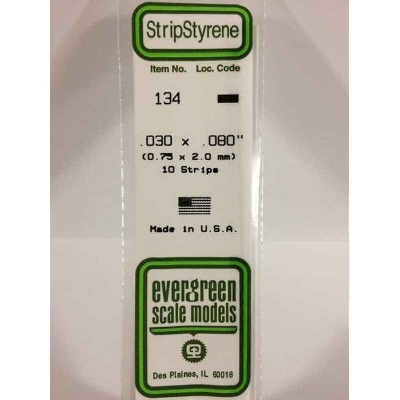 Evergreen 134 .030 x .080 / .75mm x 2mm Strip (10pcs)