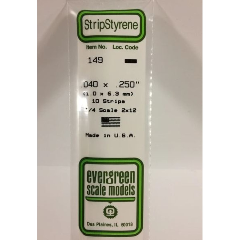 Evergreen 149 .040 x .250 (1mm x 6.3mm) Strips (10pcs)