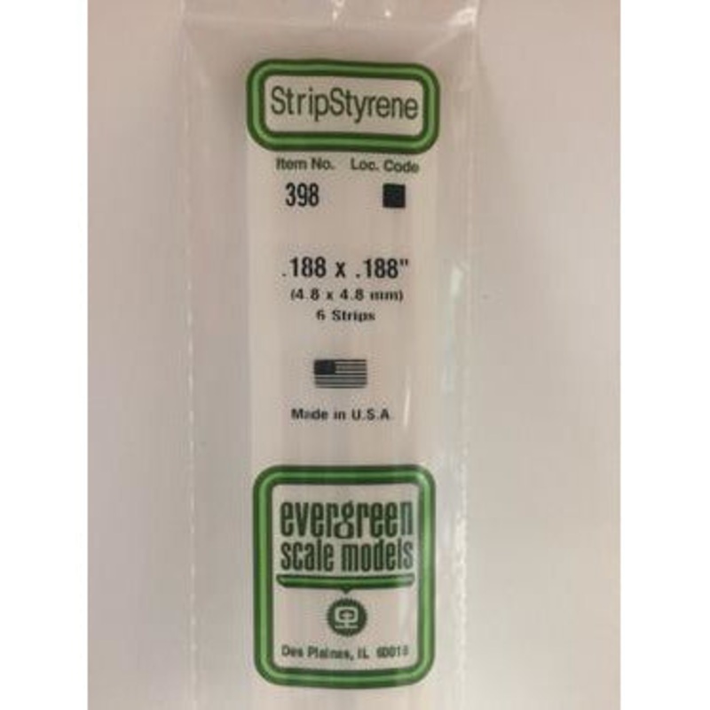 Evergreen #398 Styrene Strips: Dimensional 6 pack 0.188 (4.8mm) x 0.188 (4.8mm) x 24 (60cm)