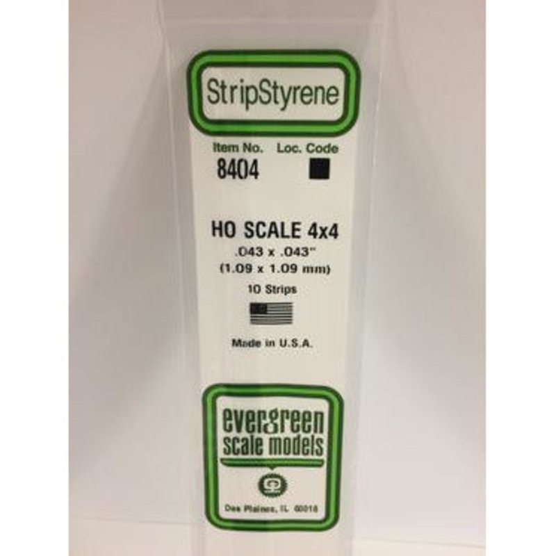 Evergreen #8404 Styrene Strips: HO 4×4 10 pack 0.043 (1.09mm) x 0.043 (1.09m) x 14 (35cm)