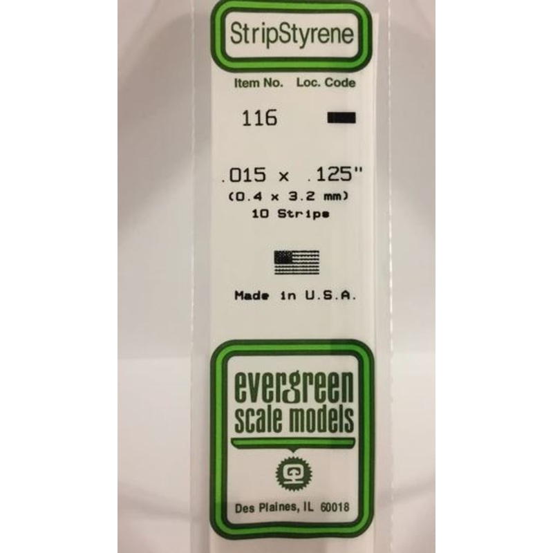 Evergreen 116 .015 x .125 (.38mm x 3.2mm) Strips (10pcs)