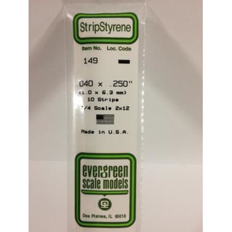 Evergreen #149 Styrene Strips: Dimensional 10 pack 0.040 (1.0mm) x 0250 (6.3mm) x 14 (35cm)
