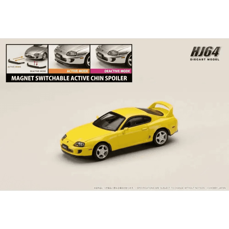 Hobby Japan 1:64 Toyota SUPRA RZ (JZA80) w/ Active Spoiler Parts SUPER BRIGHT YELLOW