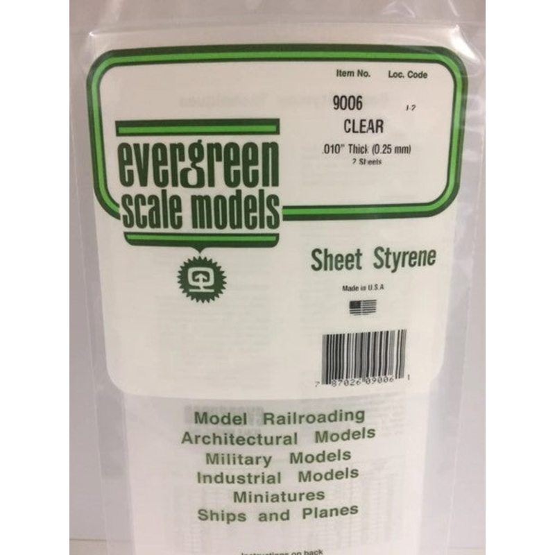 Evergreen 9006  .010 / .25mm Clear Styrene Sheet (2pcs)