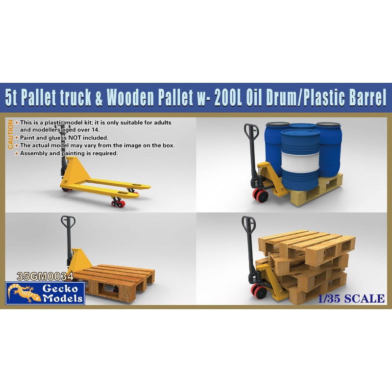 5t Pallet truck & Wooden Pallet w- 200L Oil Drum-Plastic Barrel Set 1/35 #35GM0034 by Gecko