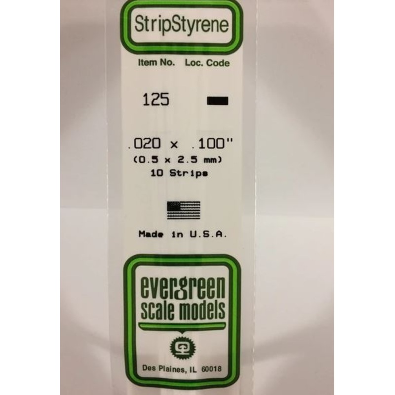 Evergreen 125 .020 x .100 (.51mm x 2.5mm) Strips (10pcs)