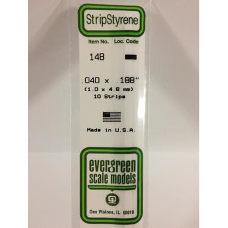 Evergreen #148 Styrene Strips: Dimensional 10 pack 0.040 (1.0mm) x 0.188 (4.8mm) x 14 (35cm)