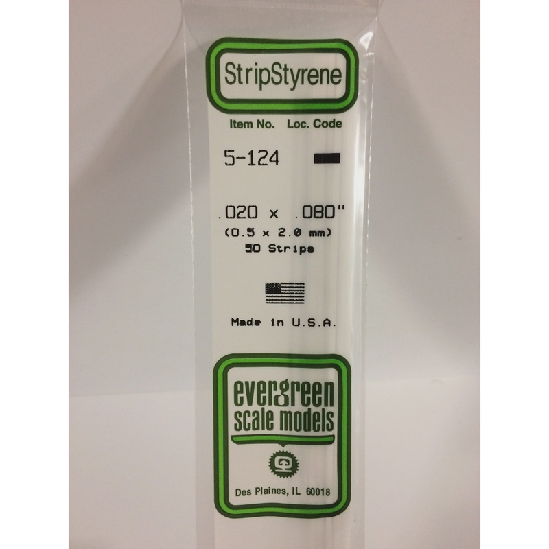 Evergreen #124 Styrene Strips: Dimensional 50 pack 0.020 (0.5mm) x 0.080 (2.0mm) x 14 (35cm)