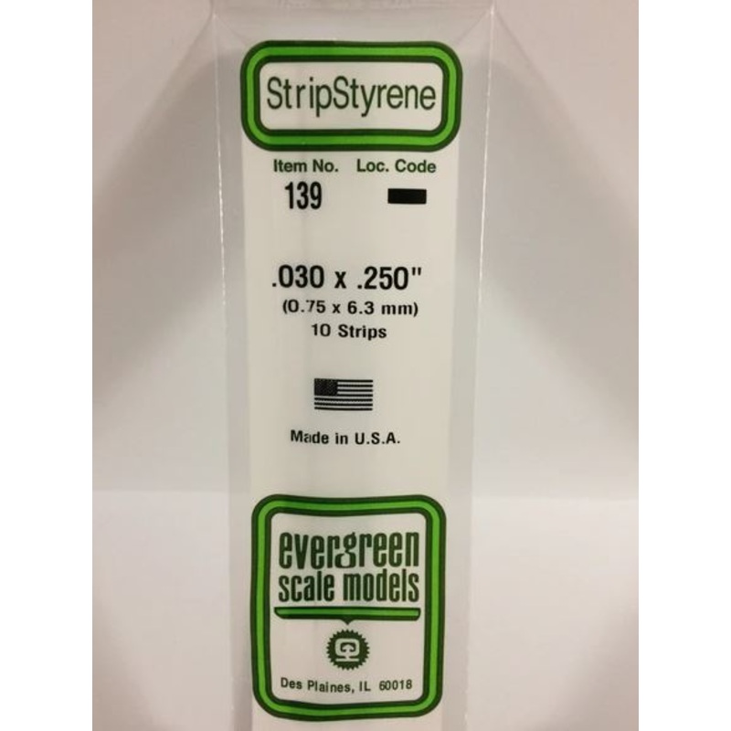 Evergreen 139 .030 x .250 (.75mm x 6.3mm) Strips (10pcs)