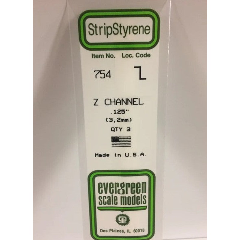Evergreen 754 Z Channel .125 (3.2mm) Strips (3pcs)
