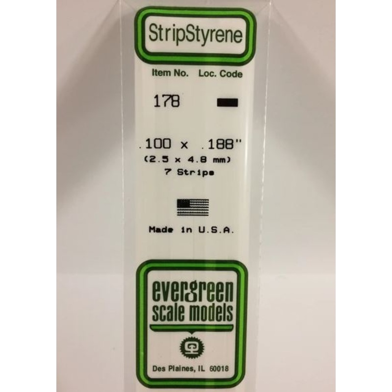 Evergreen 178 .100 x .188 (2mm x 4.8mm) Strips (7pcs)