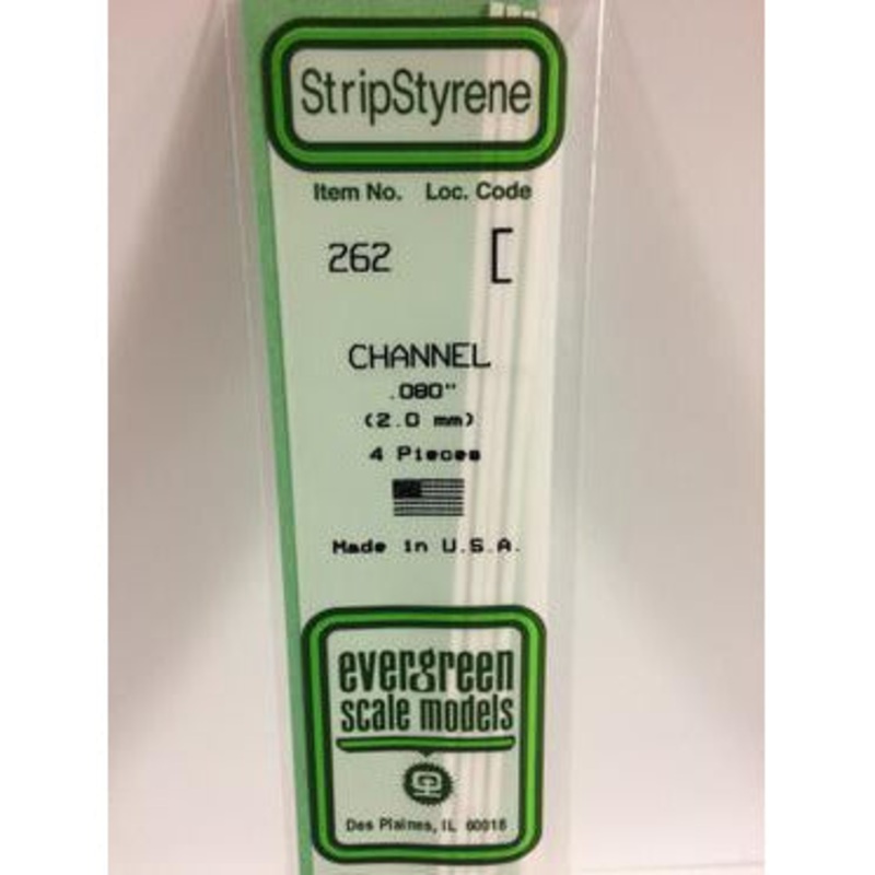 Evergreen #262 Styrene Shapes: Channel 4 pack 0.080 (2.0mm) x W: 0.038 (0.97mm) x FT: 0.009 (0.23mm) x WT: 0.018 (0.46mm)