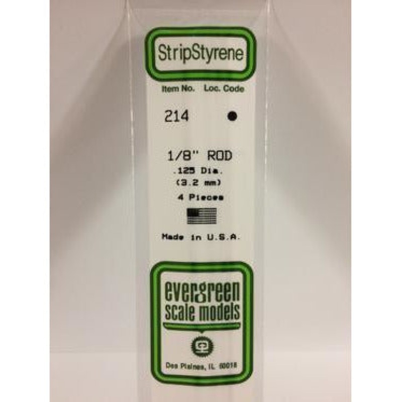 Evergreen #214 Styrene Rods: 1/8 4 pack 0.125 (3.2mm) OD x 14 (35cm)