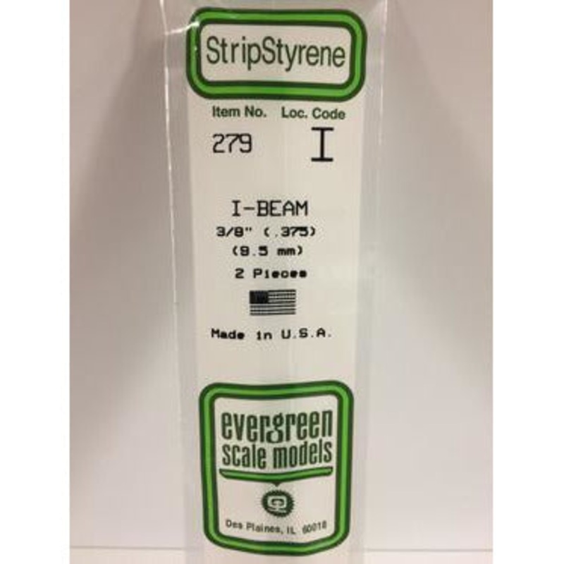 Evergreen #279 Styrene Shapes: I-Beam 2 pack 3/8 0.375 (9.5mm) x W: 0.150 (3.8mm) x FT: 0.019 (0.48mm) x WT: 0.031 (0.49mm)