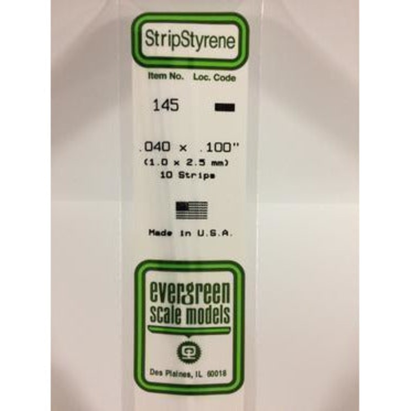 Evergreen #145 Styrene Strips: Dimensional 10 pack 0.040 (1.0mm) x 0.100 (2.5mm) x 14 (35cm)
