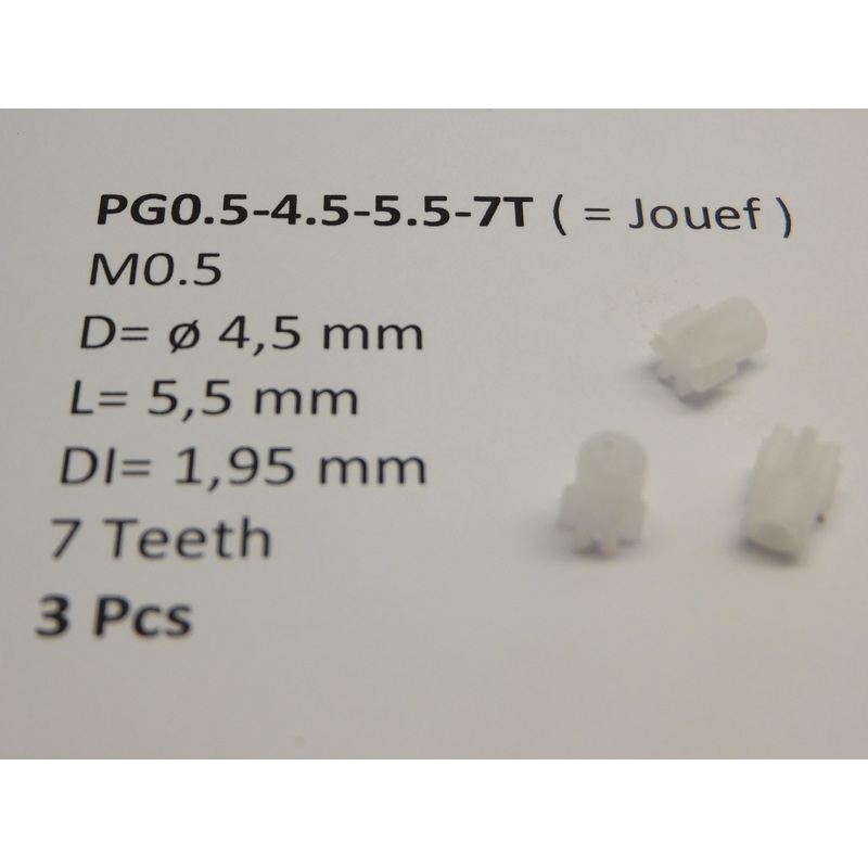 Gear plastic M0.5 D=  4.5 mm L= 5.5 mm DI=1.95 mm 7 teeth 3-part