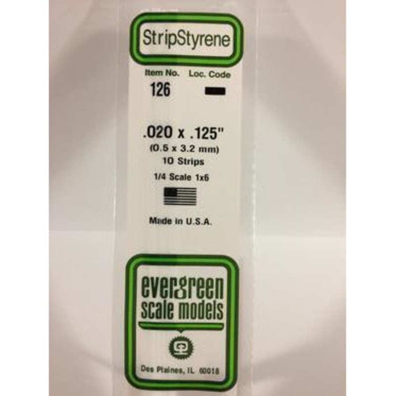 Evergreen #126 Styrene Strips: Dimensional 10 pack 0.020 (0.50mm) x 0.125 (3.2mm) x 14 (35cm)