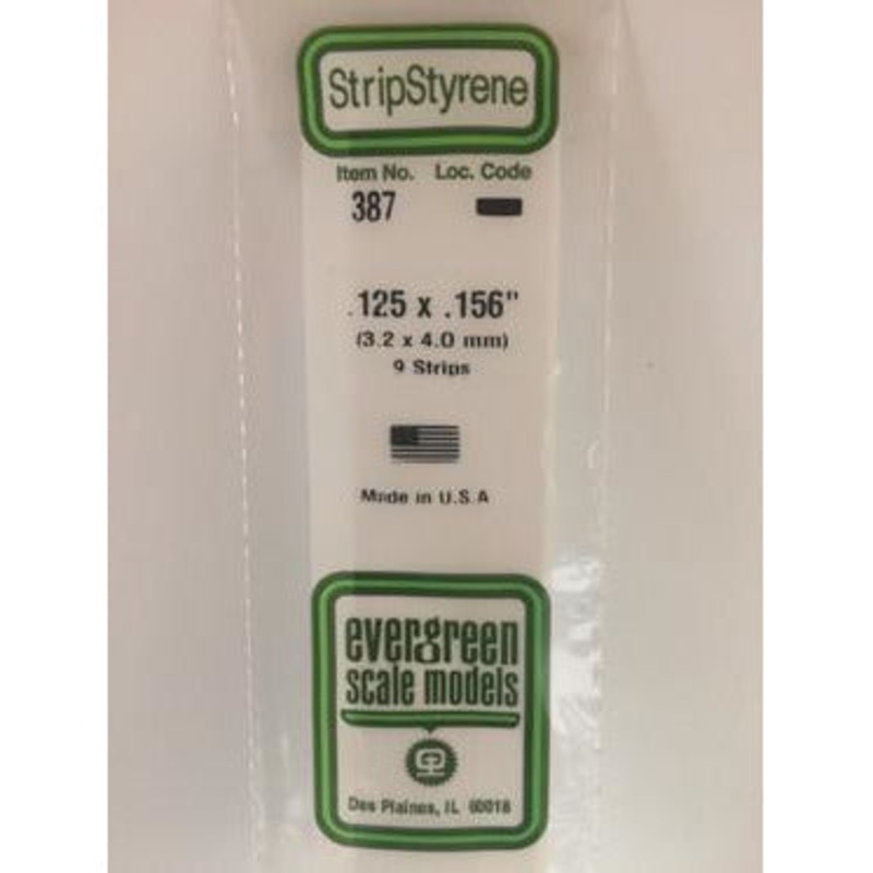 Evergreen #387 Styrene Strips: Dimensional 9 pack 0.125 (3.2mm) x 0.156 (4.0mm) x 24 (60cm)