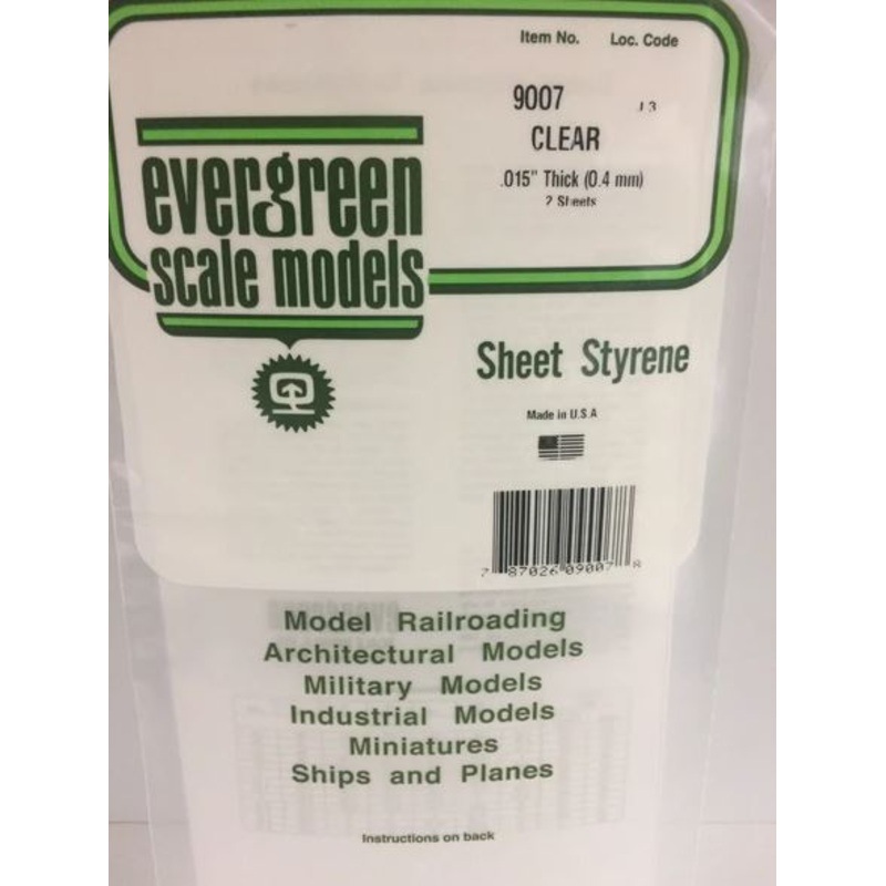 Evergreen 9007  .015 (0.38mm) Clear Sheet (2pcs)