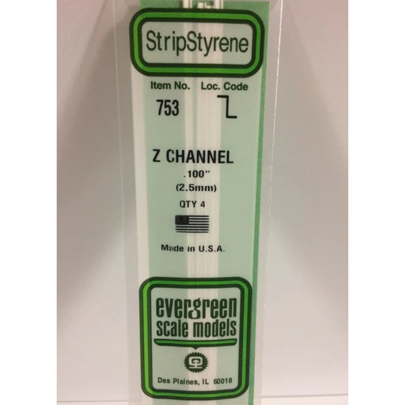 Evergreen 753 Z Channel .100 (2.5mm) Strips (4pcs)