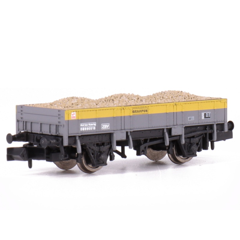 Open freight car Grampus Engineers gray yellow Dutch DB 990518 with cargo