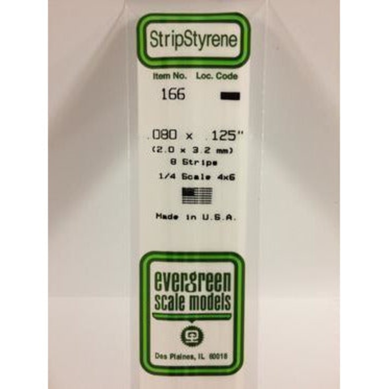 Evergreen #166 Styrene Strips: Dimensional 10 pack 0.080 (2.0mm) x 0.125 (3.2mm) x 14 (35cm)