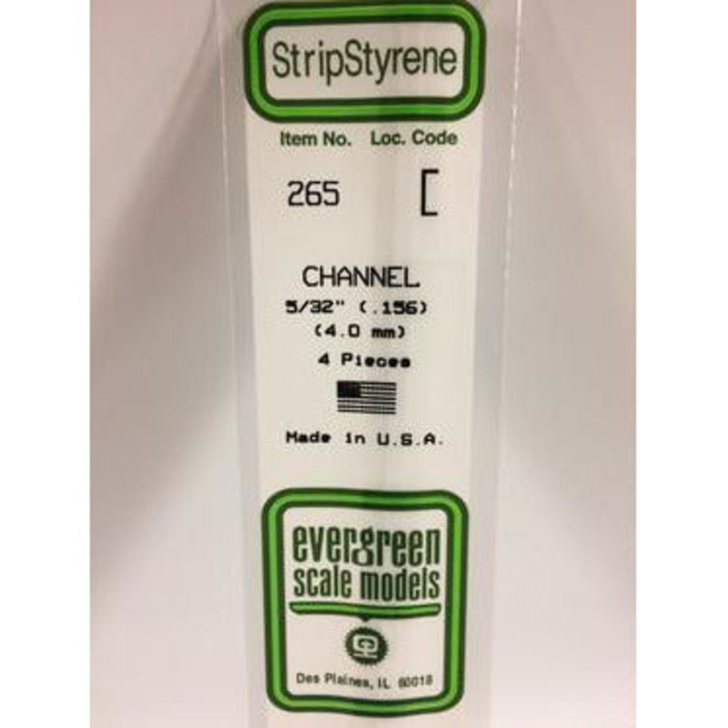 Evergreen #265 Styrene Shapes: Channel 4 pack 0.156 (4.0mm) x W: 0.053 (1.4mm) x FT: 0.014 (0.36mm) x WT: 0.022 (0.56mm)