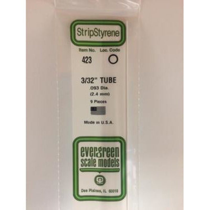 Evergreen #423 Styrene Tubes: Round 3/32 9 pack 0.093 (2.4mm) OD x 24 (60cm)